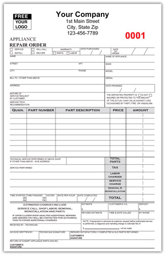 Appliance Repair Order Invoice