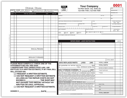 Auto Repair Invoice for Wisconsin