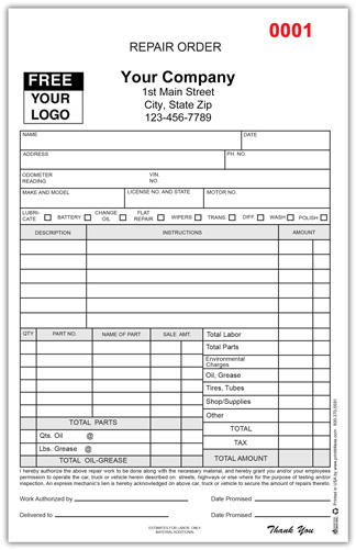 Compact Repair Order Forms for Auto Repair Shops