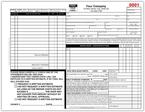 Compact Repair Order Forms for Auto Repair Shops