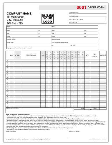 The AP101was designed especially for clothing companies. This form can be used as an order form or as a purchase order There is enough room to list up to 20 products with adequate space for description, quantity, sizes and price. At the top, there is a ship to and bill to section that has everything you'll need to keep on record in regards to your buyers information. There is also plenty space at the bottom for your terms and conditions. Everything on the AP101 can be customized to your company's needs. You also have a choice of 2 or 3 part carbonless copy. Type: Order Form Size: 8.5 x 11 Paper: 2 or 3 Part NCR Carbonless Options: Numbering, Booklets