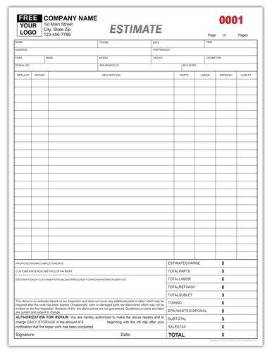 Auto Repair Estimate Form