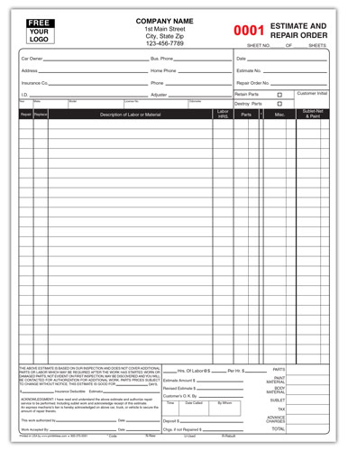 Body Shop Estimate Form