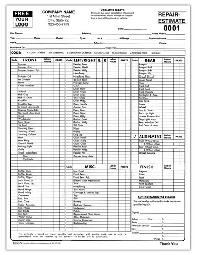 Body shop repair estimate form with customer, vehicle, insurance, inspection, repair operations, labor, parts, and totals