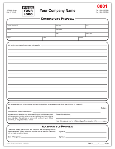 Custom Printed Contractor Bid Proposal Form