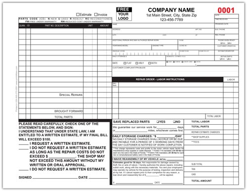 Florida Approved Auto Repair Invoice Form