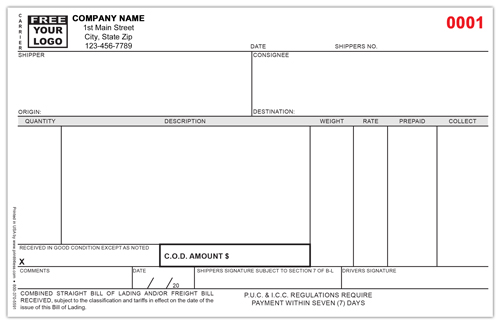 Freight Bill of Lading Form
