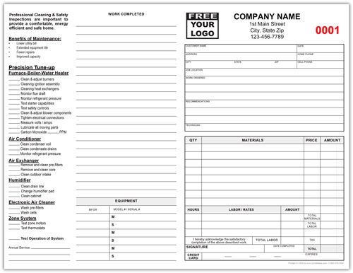 HVAC safety inspection and cleaning invoice