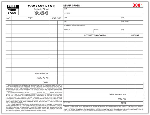 Transmission Repair Order Form