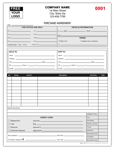 Custom Printed Vehicle Purchase Agreement Form