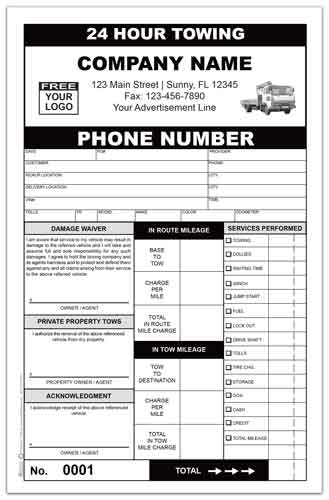 Invoice 250 Color Custom Carbonless Towing Register Report Form