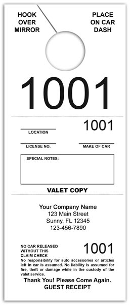 Custom Printed Valet Parking Ticket