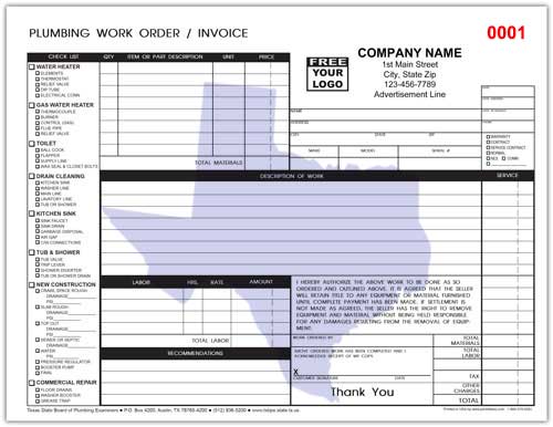 Plumbing Repair Order Form for Texas