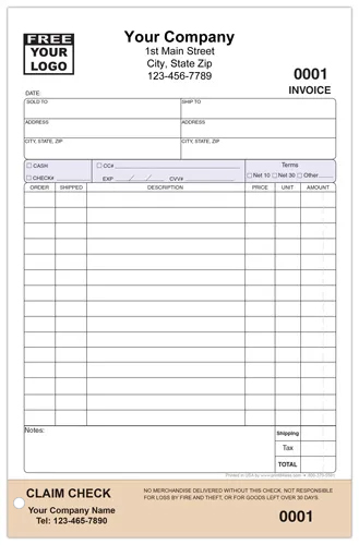 Small Invoice with Detachable Claim Check