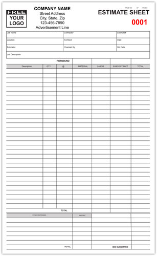 Contractor Job Estimate Sheet