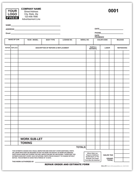 Auto Repair & Body Shop Work Order Forms