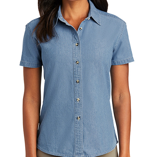 Custom Ladies Short Sleeve Value Faded Denim Shirt