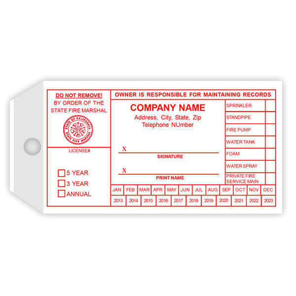 California Sprinkler Inspection Tag