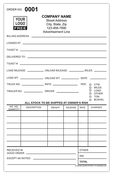 Roadside Towing Bill Of Lading Invoices