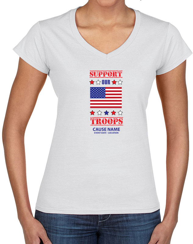 Ladies Support Our Troops American Flag Volunteer V-Neck Shirts