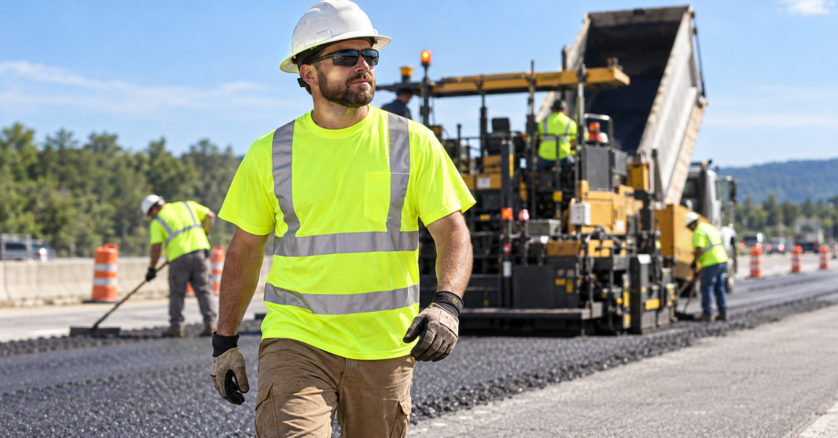 construction worker wearing hi-vis safety shirt with reflective tape on job site Print It 4 Less